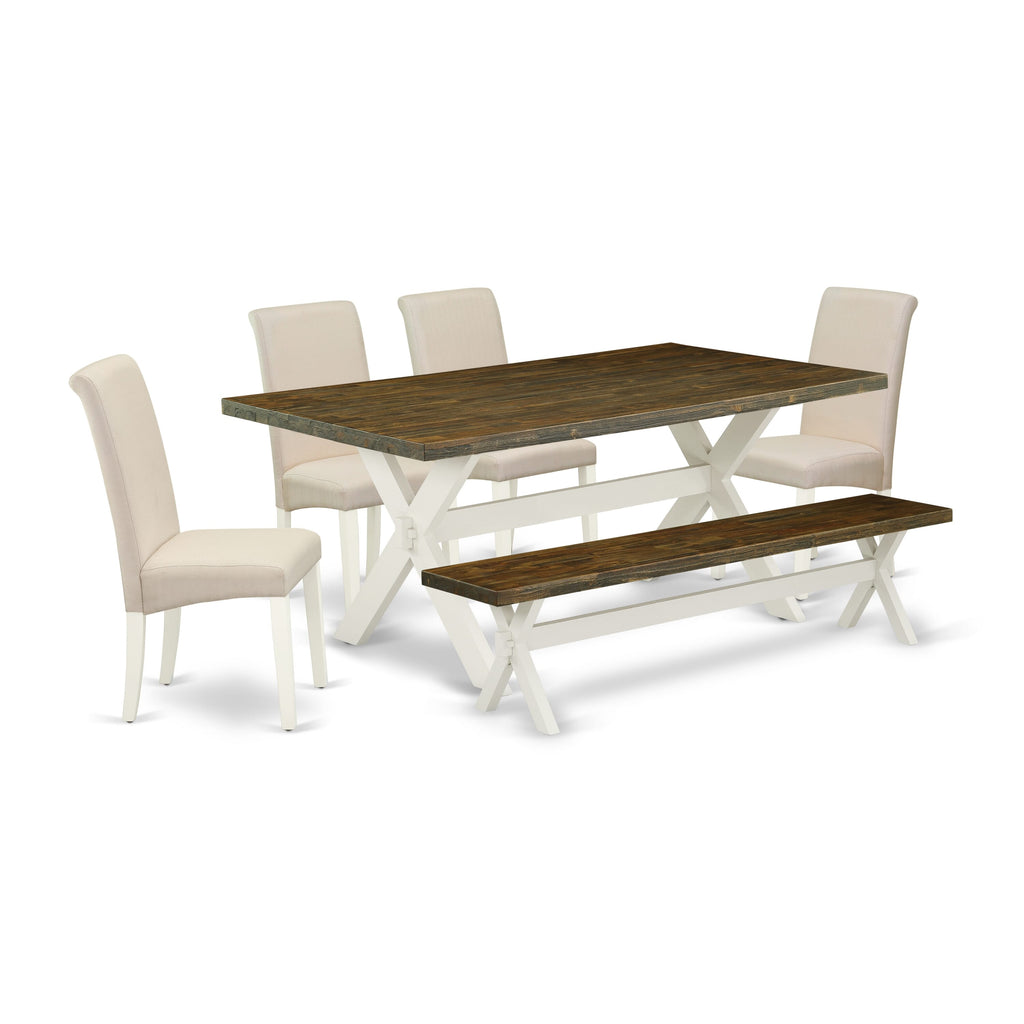 X077BGFV4-D 6 Piece Set with X-Leg Rectangular Table, 4 Linen Parson Chairs & Bench, Multi-Finish