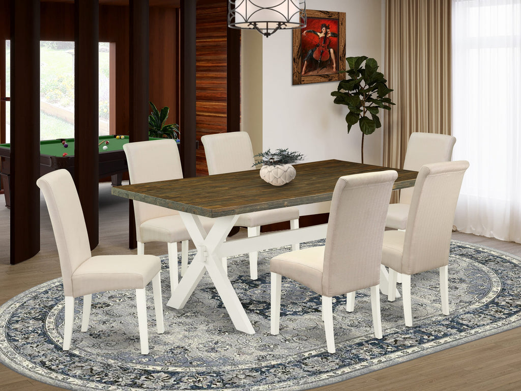 X077BJ1ZE-H 7-Piece Rectangle Table and Upholstered Chairs Set with X-Leg