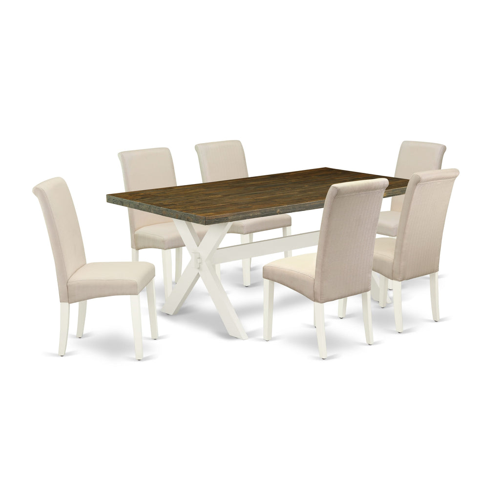X077BJ1ZE-H 7-Piece Rectangle Table and Upholstered Chairs Set with X-Leg