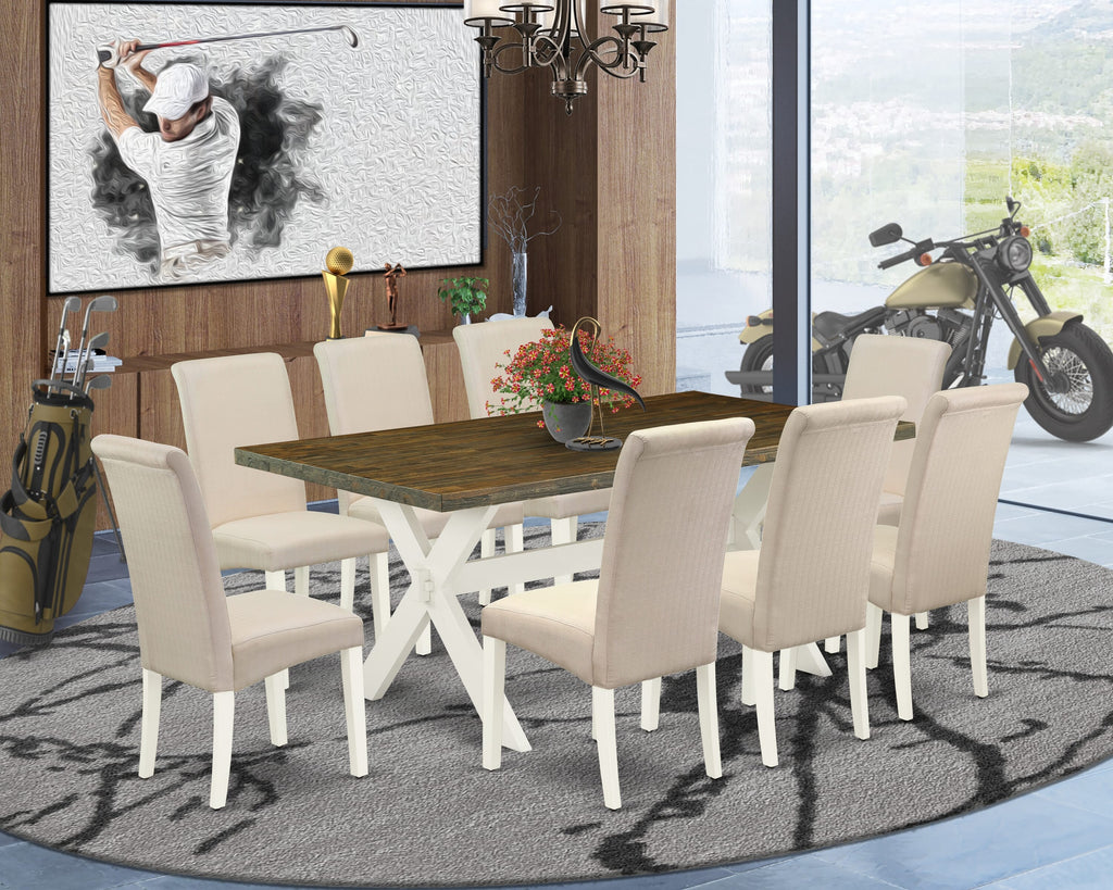 X077B47NP-W 9-Piece Collection Rectangular Table with X-Legs & Cream Linen Parson Chairs