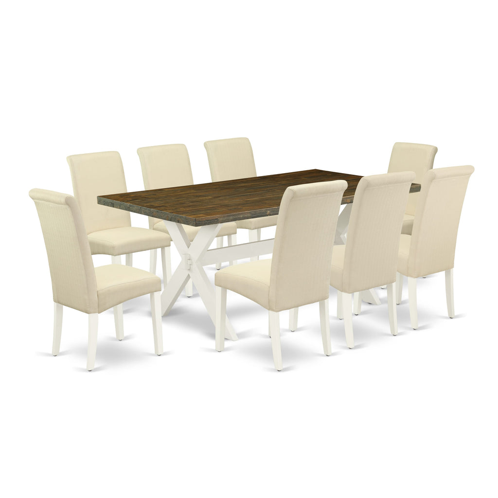 X077B47NP-W 9-Piece Collection Rectangular Table with X-Legs & Cream Linen Parson Chairs