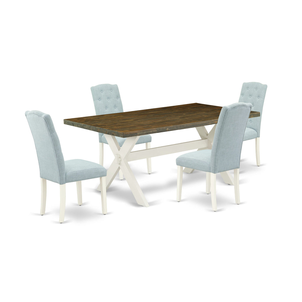 Dining Experience for Four - Set with X077CA9I1 Rectangle Table and Baby Blue Seats, X-Leg Design, Multi-Color, 5-Piece