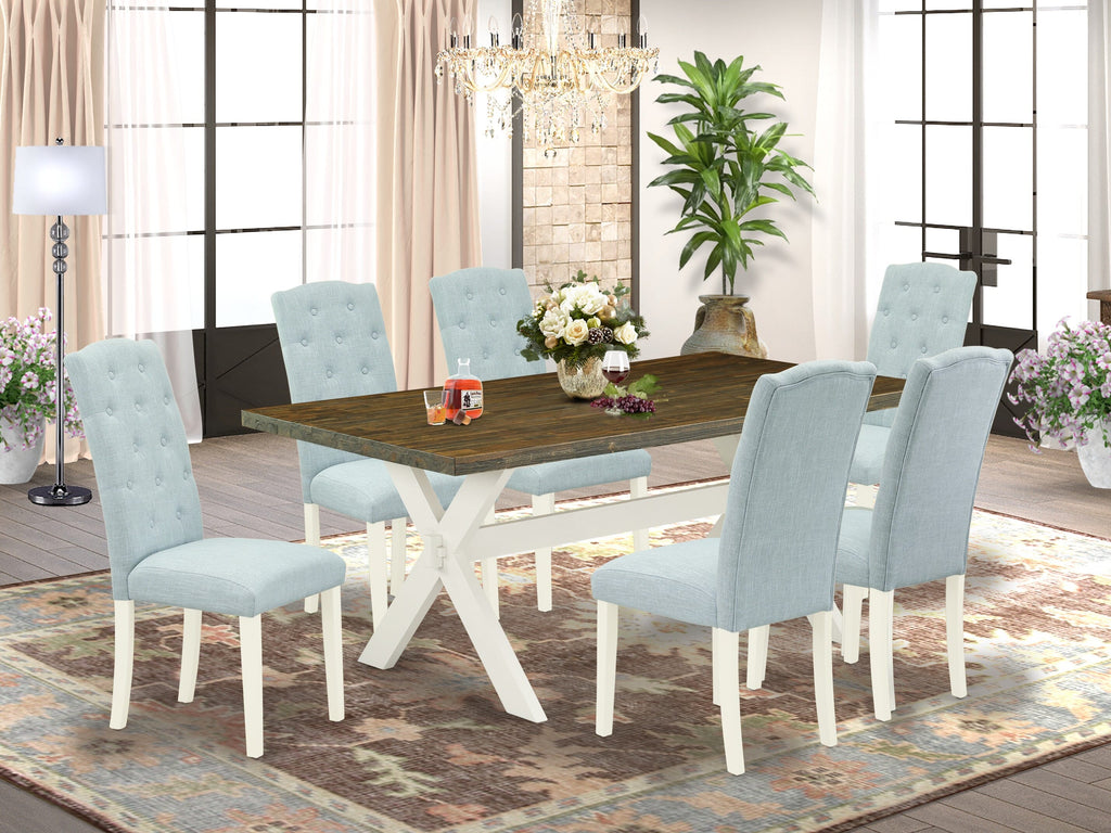 X077CYPM0-7 7-Piece Set Rectangular Table with Crossed Legs & 6 Sky Blue Linen Chairs, 40x72 Multi-Finish