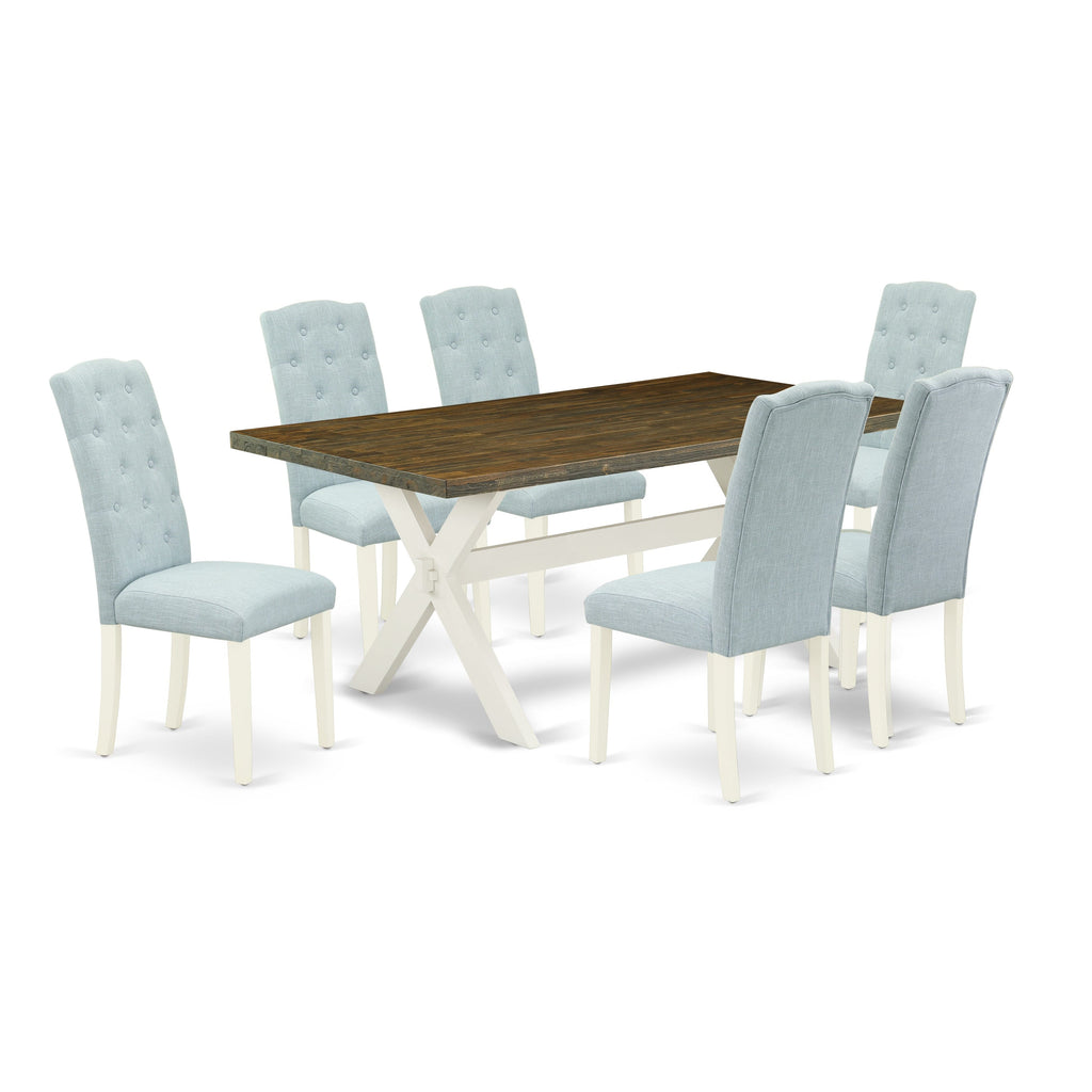 X077CYPM0-7 7-Piece Set Rectangular Table with Crossed Legs & 6 Sky Blue Linen Chairs, 40x72 Multi-Finish