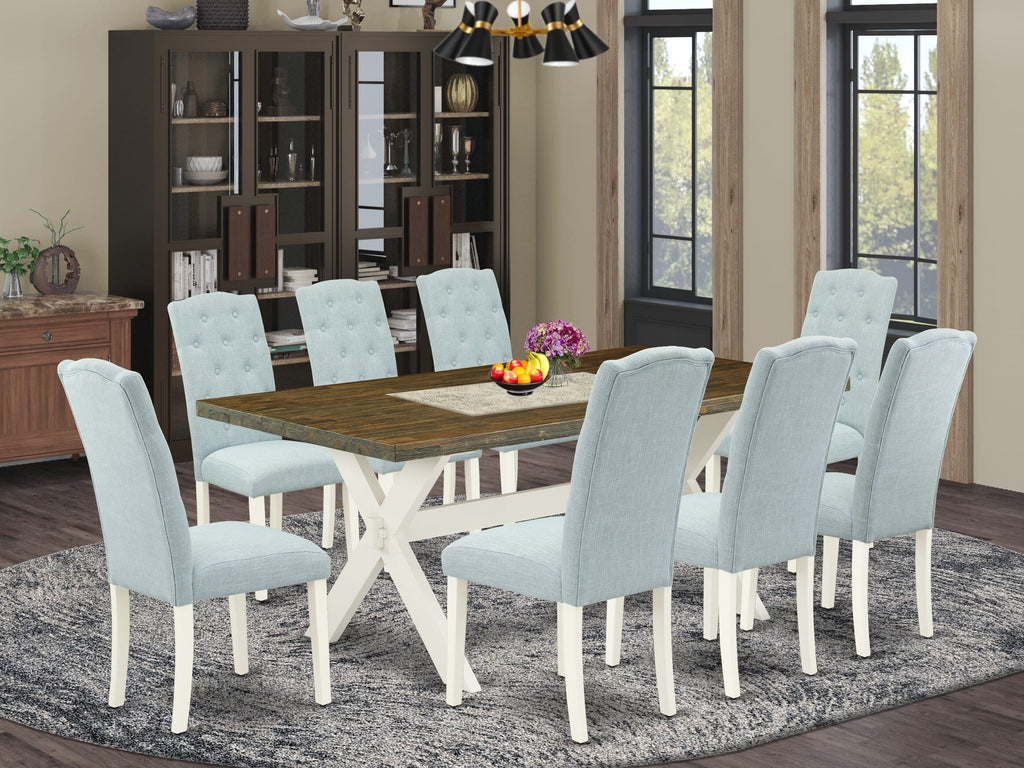 X077CKQQK-I Dining Ensemble 9-Piece Set with X-Leg Table and 8 Elegant Baby Blue Chairs, Multi-Color, 40x72
