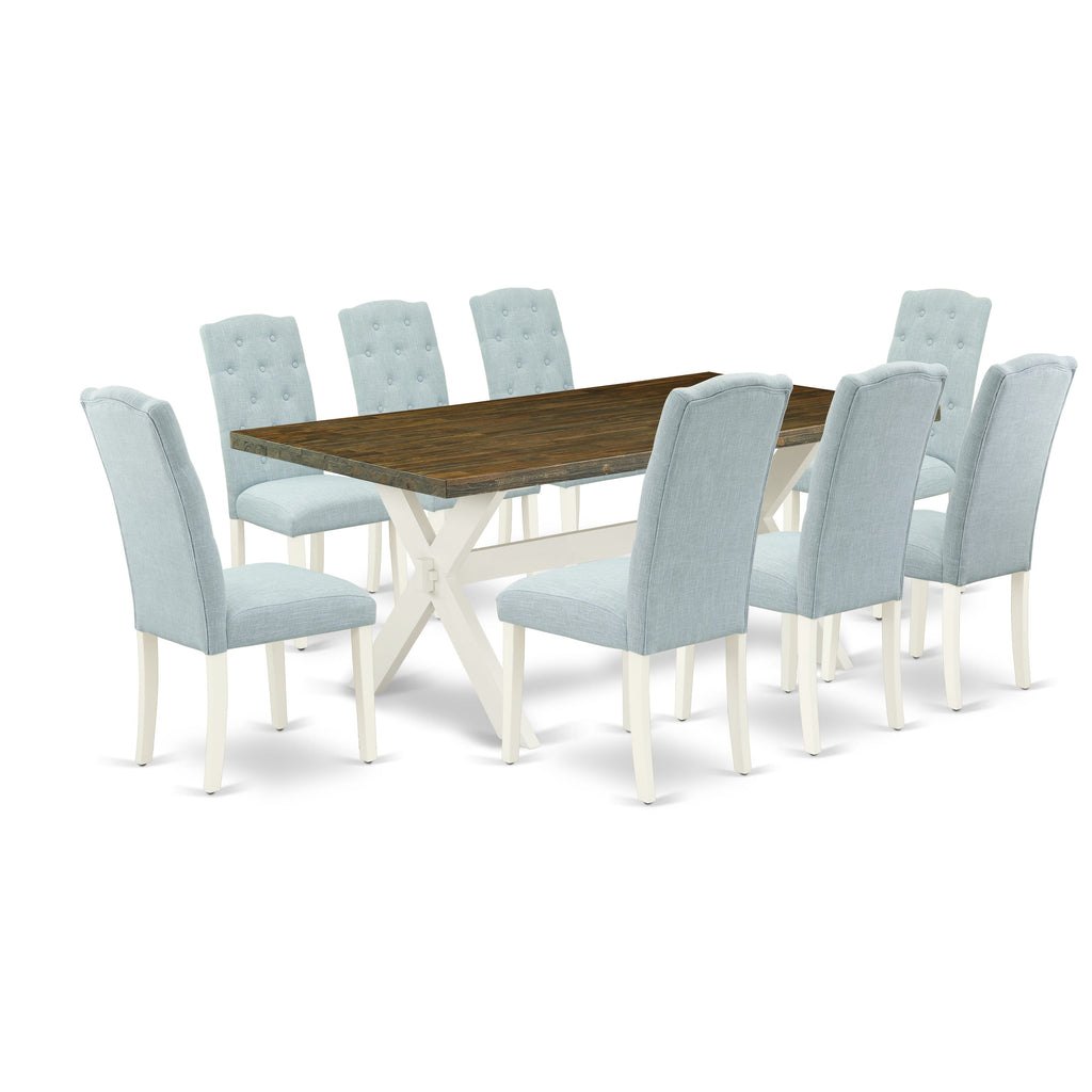 X077CKQQK-I Dining Ensemble 9-Piece Set with X-Leg Table and 8 Elegant Baby Blue Chairs, Multi-Color, 40x72