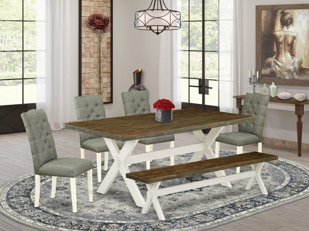 X077ERZ23-K Rectangle 6-Piece Dining Set with Gray Linen Chairs and Bench, 40x72, Multi-Color Blend