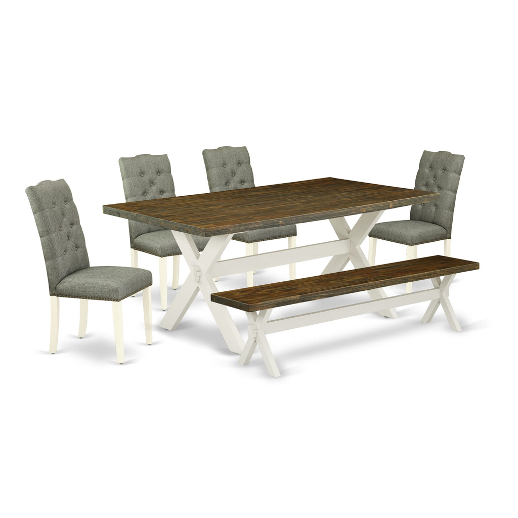 X077ERZ23-K Rectangle 6-Piece Dining Set with Gray Linen Chairs and Bench, 40x72, Multi-Color Blend