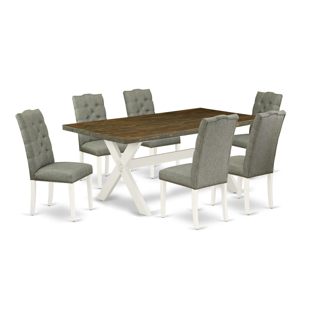 X077EJH2Z-G 7-Piece Dining Table Set with Rectangle Table and 6 Parson Chairs in Gray Linen