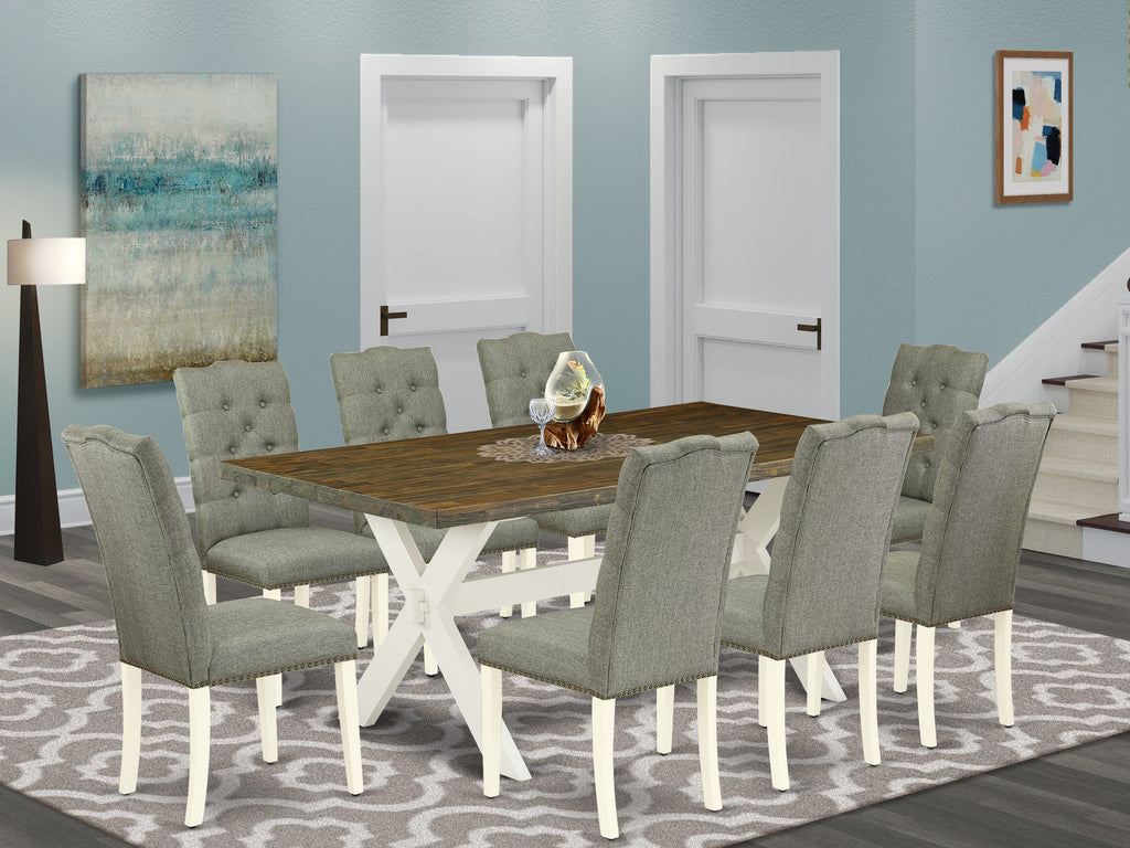 X077EZCCL-X 9-Piece Dining Set Rectangular Table with X-Legs and 8 Gray Parson Chairs, 40x72