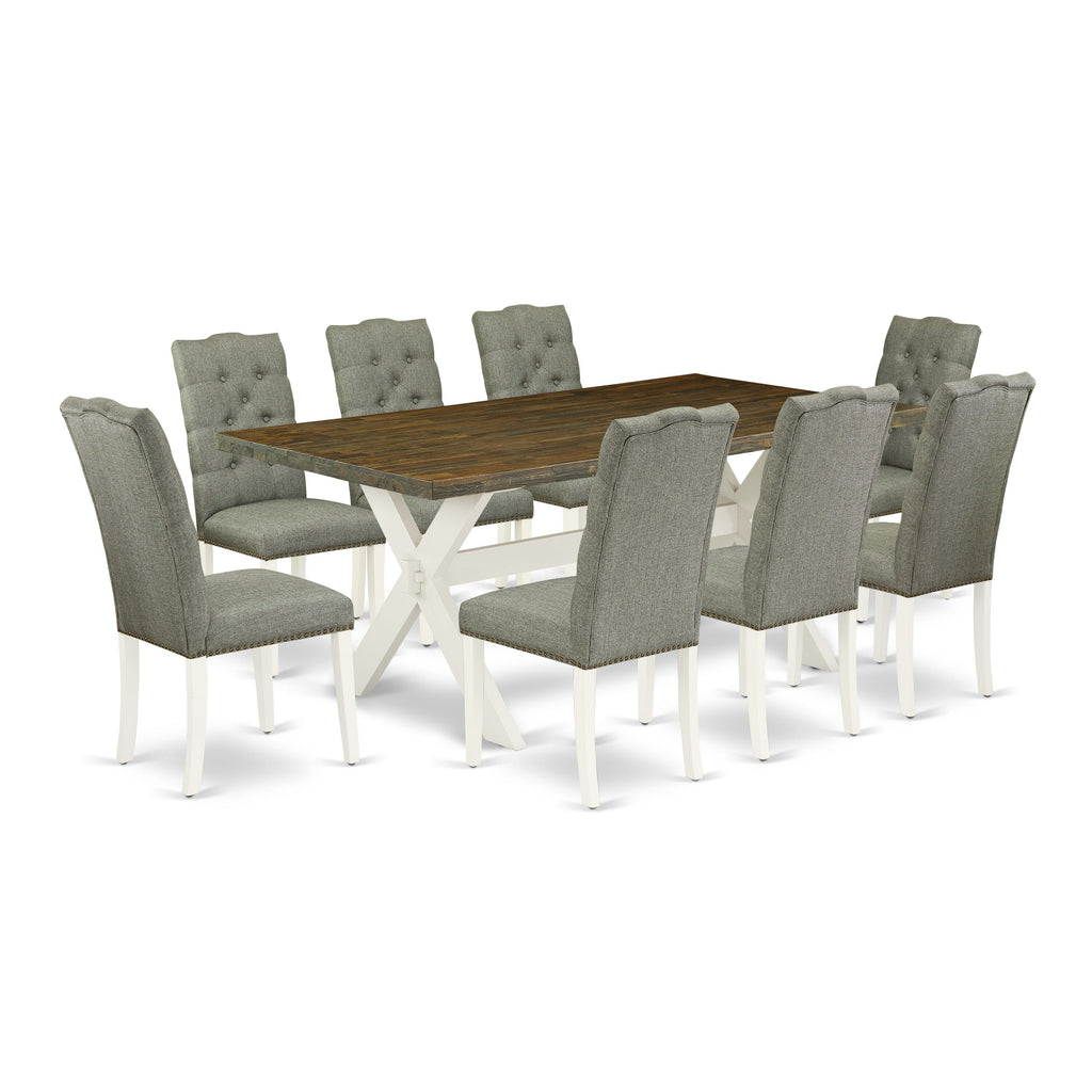X077EZCCL-X 9-Piece Dining Set Rectangular Table with X-Legs and 8 Gray Parson Chairs, 40x72