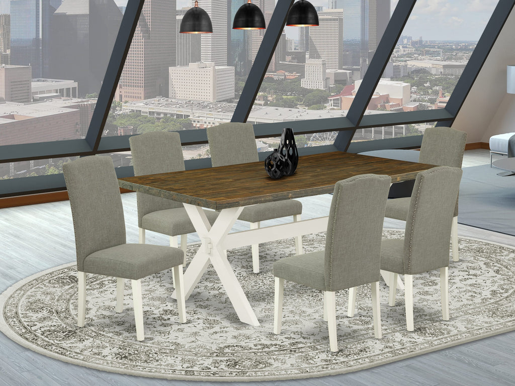 X077EGD9R-C 7 Piece Dining Set with Rectangular Wood Table & Linen Chairs, 40x72