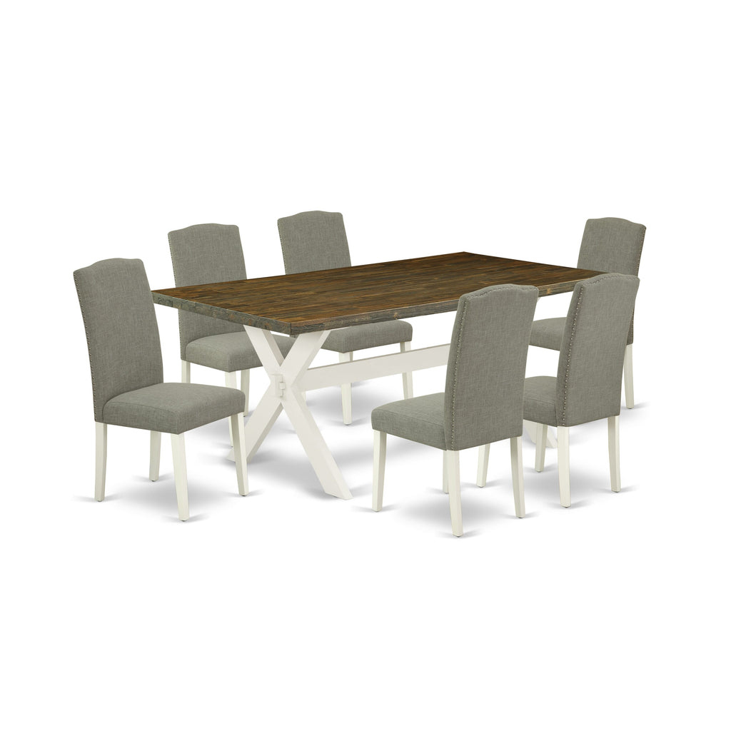 X077EGD9R-C 7 Piece Dining Set with Rectangular Wood Table & Linen Chairs, 40x72