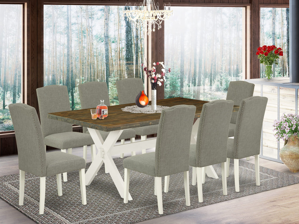 X077EEBAO-E 9-Piece Dining Ensemble with Rectangular Table, X-Design Legs & Shitake Upholstered Parson Chairs, 40x72, Multi-Hue