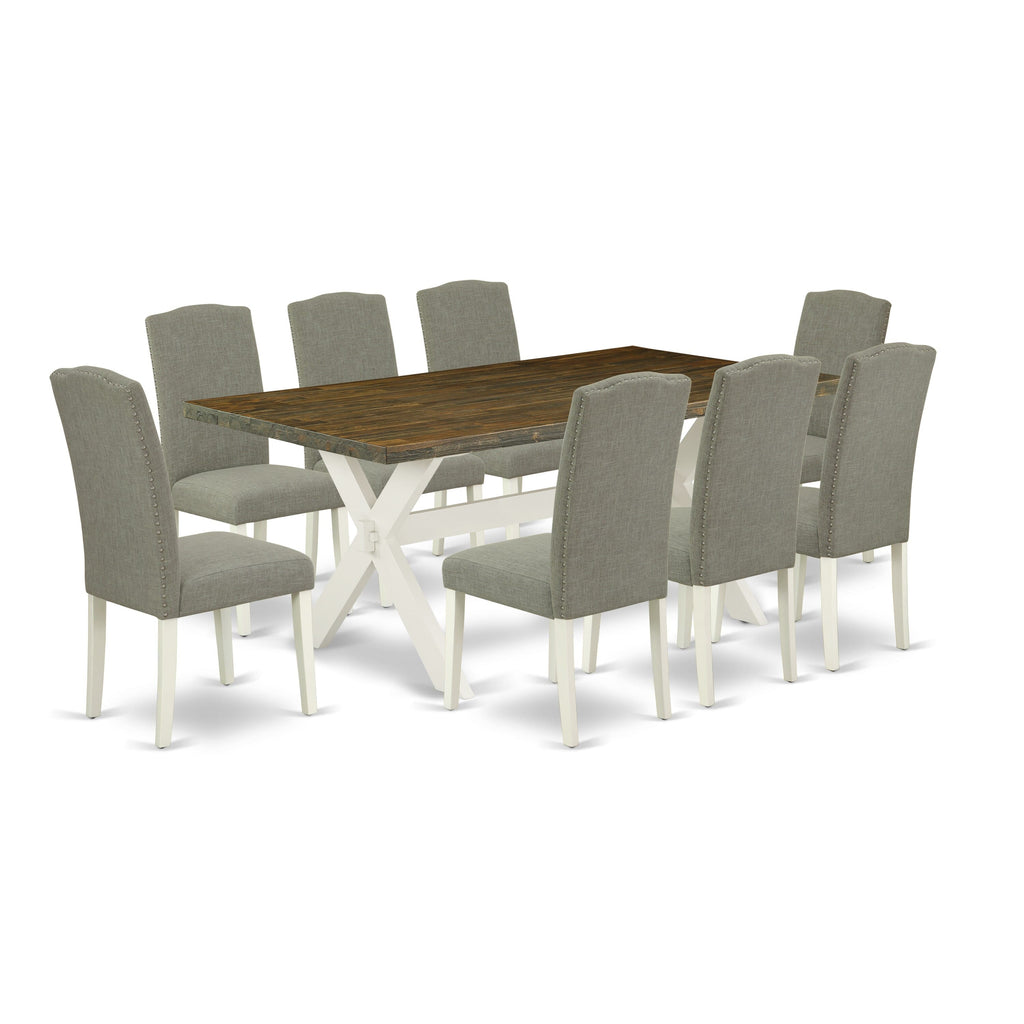 X077EEBAO-E 9-Piece Dining Ensemble with Rectangular Table, X-Design Legs & Shitake Upholstered Parson Chairs, 40x72, Multi-Hue