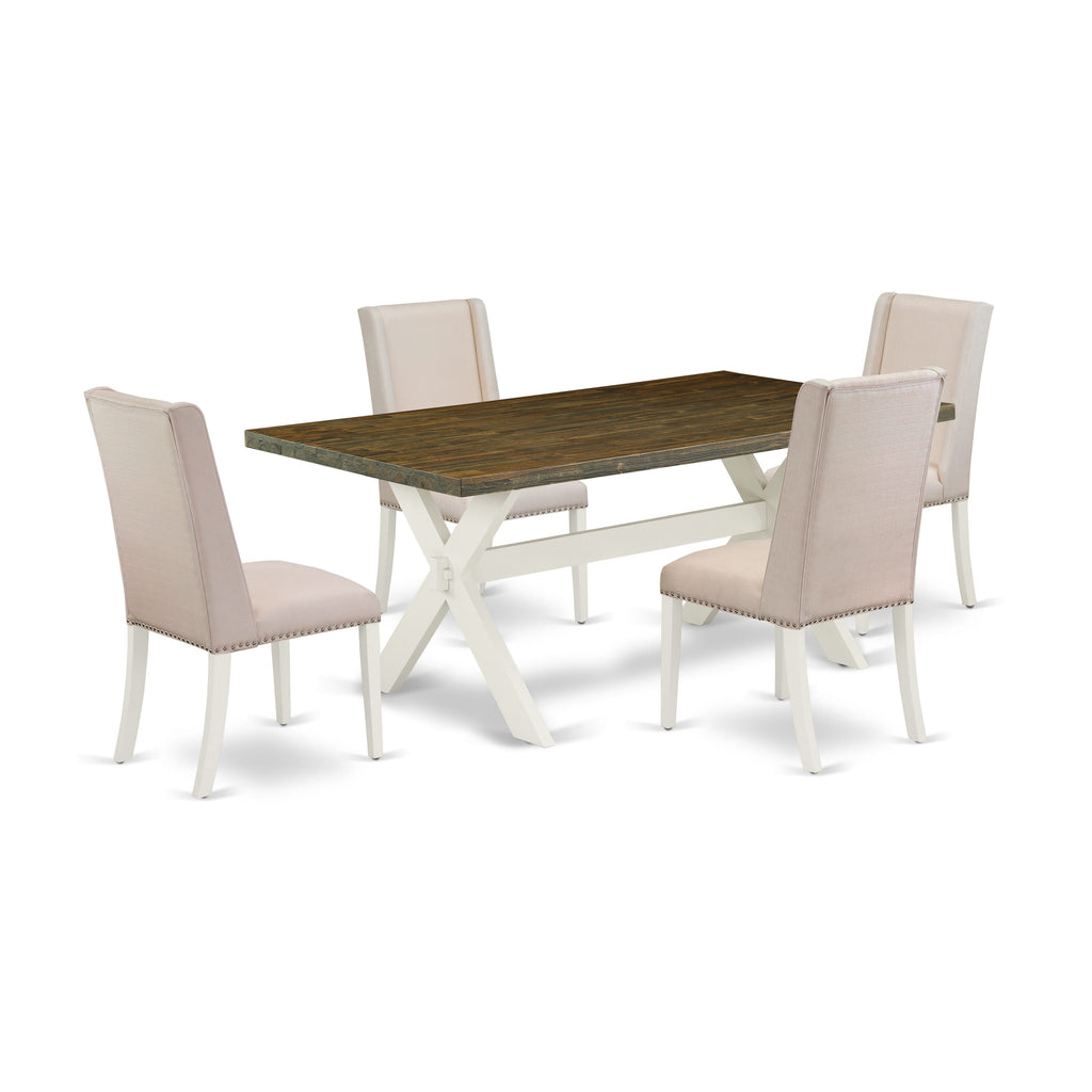 5-Piece Rectangular Dining Table Set with X-Legs and Cream Linen Parsons Chairs -  X077FUSAS-T, Elegant Design for Dining Rooms, Multi-Color, 40x72