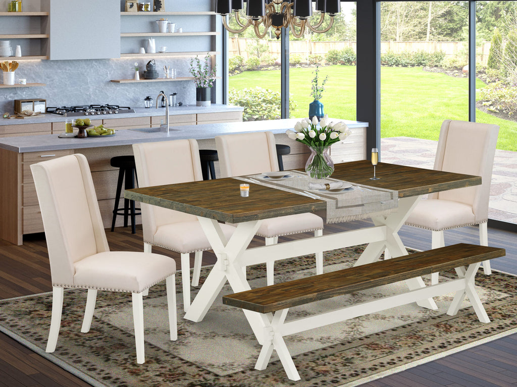 Explore X077FS7WV-8 8-Piece Dining Ensemble with Rectangular Table and X-Style Legs; Includes Bench and 4 Cream Linen Chairs, 40x72 Inches, Multi-Tone