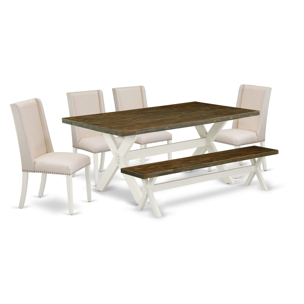 Explore X077FS7WV-8 8-Piece Dining Ensemble with Rectangular Table and X-Style Legs; Includes Bench and 4 Cream Linen Chairs, 40x72 Inches, Multi-Tone