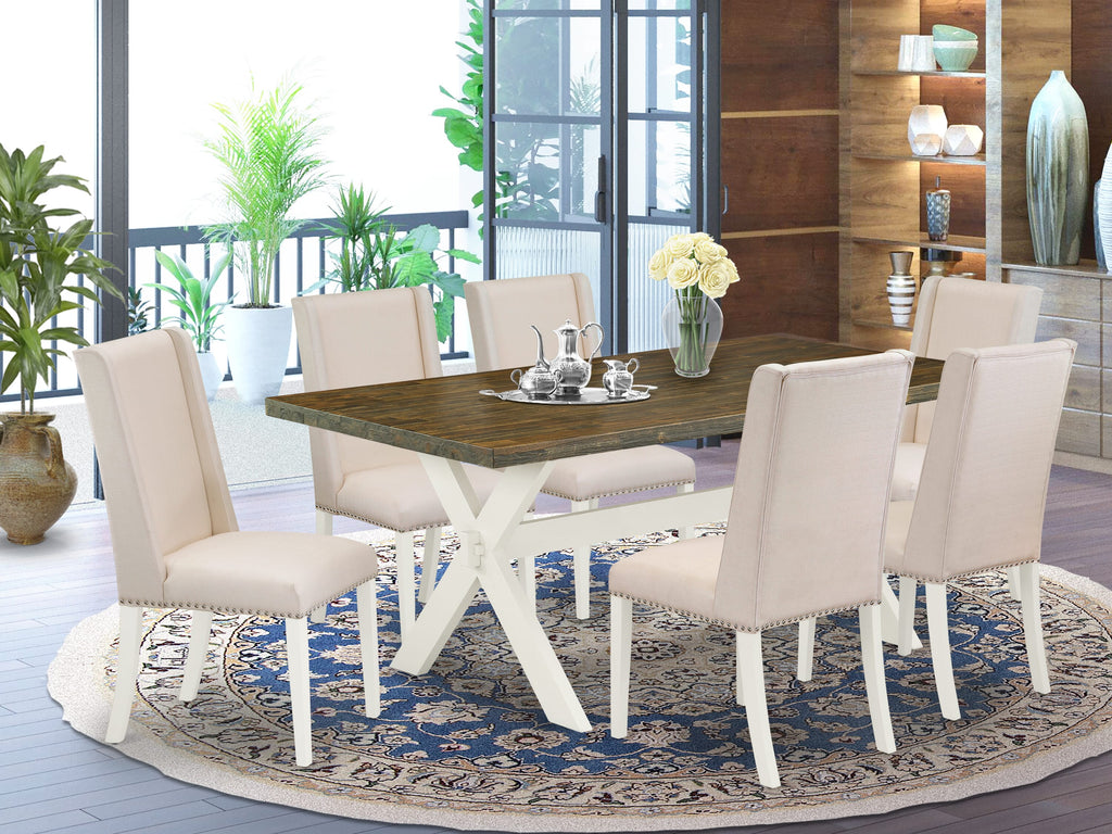 X077FJH4X-T 7-Piece Dining Ensemble Featuring Rectangle Table with X-Legs & 6 Cream Linen Chairs, 40x72 Multi-Color