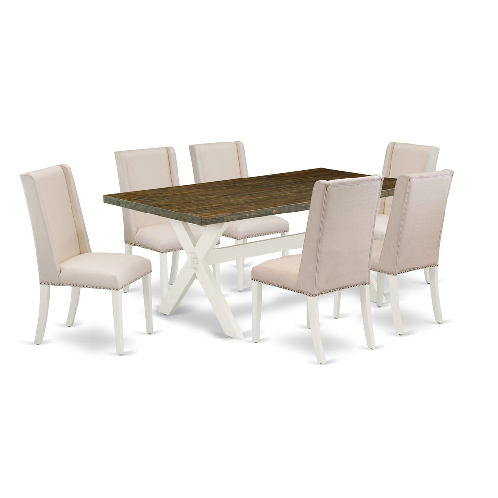X077FJH4X-T 7-Piece Dining Ensemble Featuring Rectangle Table with X-Legs & 6 Cream Linen Chairs, 40x72 Multi-Color