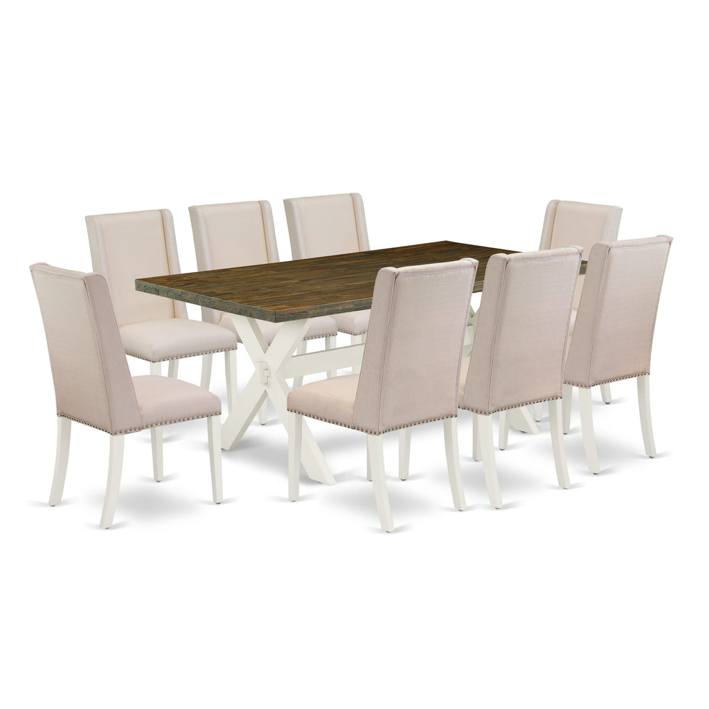 X077FI8QJ-G 9-Piece Dining Set with X-Leg Table & Cream Linen Parson Chairs, Multi-Color