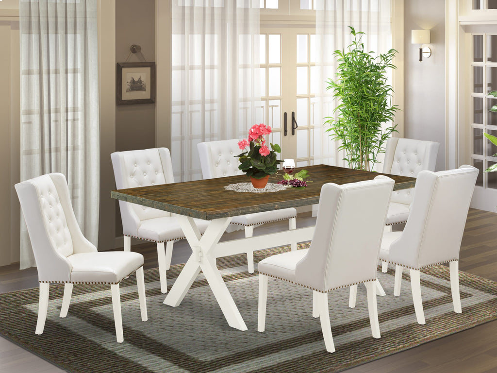 X077FJ0QT-W Dining Ensemble Rectangle Table with Sturdy X-Legs & 6 Elegant Grey Faux Leather Chairs - 7 Piece Set for Kitchen Elegance