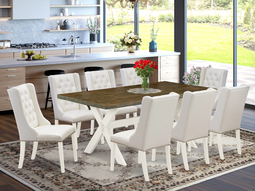 X077FXS6J-8 Elegant 9-Piece Rectangle Dining Table Ensemble with Sturdy X-Legs & 8 Chic Parsons Chairs in Light Grey Faux Leather