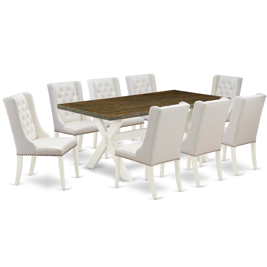 X077FXS6J-8 Elegant 9-Piece Rectangle Dining Table Ensemble with Sturdy X-Legs & 8 Chic Parsons Chairs in Light Grey Faux Leather
