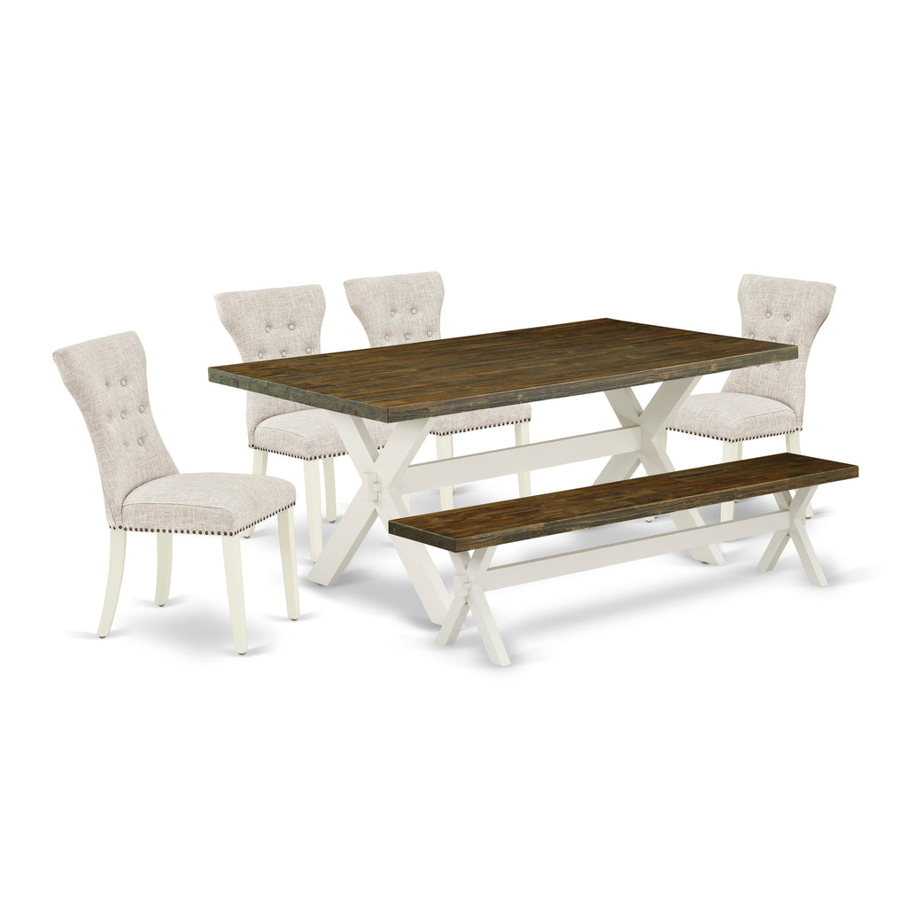 X077GUHJR-7 Deluxe 6-Piece Dining Ensemble with X-Leg Table and Doeskin Fabric Seating