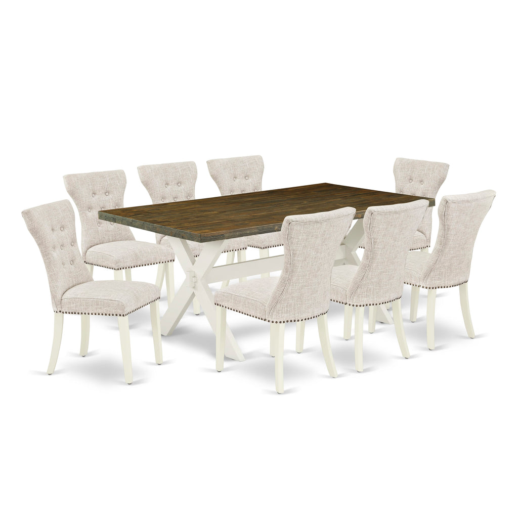 X077GKG3O-Y 9-Piece Dining Ensemble Rectangle Table and Chairs Upholstered in Doeskin Linen, 40x72 Multicolor Elegance