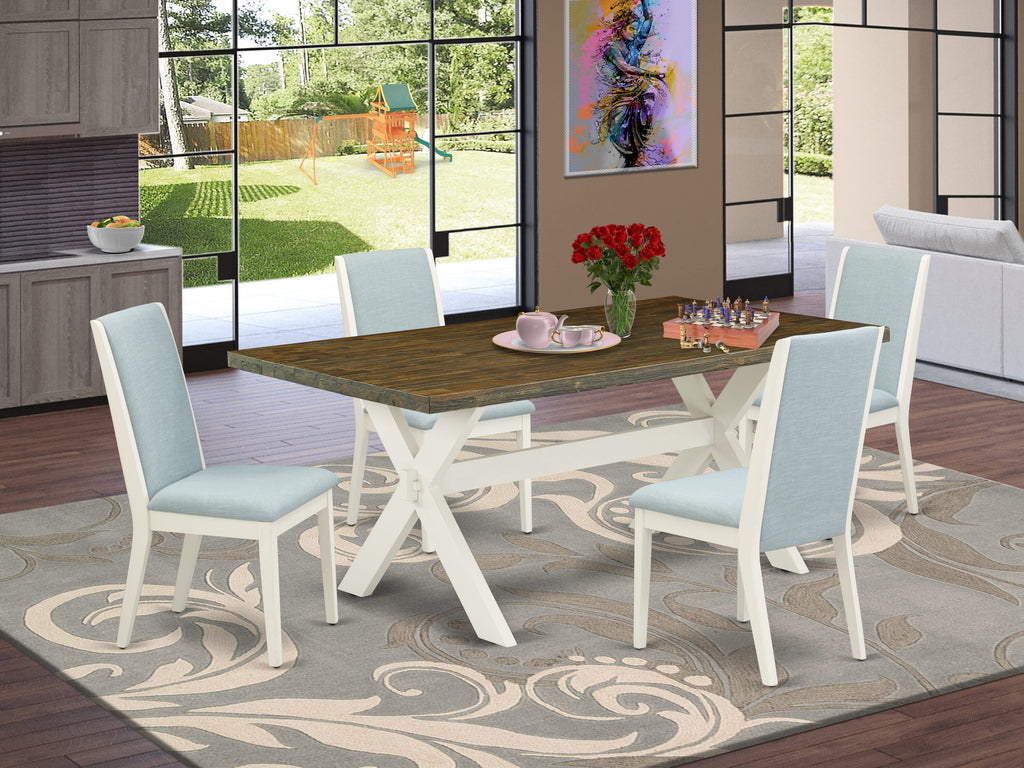 Luxury X077LQ61Q-0 5-Piece Dining Ensemble Rectangular X-Leg Table & 4 Soft Blue Linen Chairs