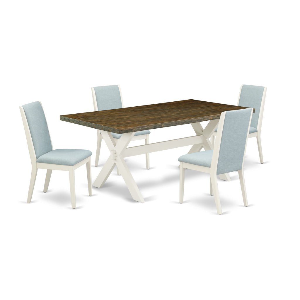 Luxury X077LQ61Q-0 5-Piece Dining Ensemble Rectangular X-Leg Table & 4 Soft Blue Linen Chairs