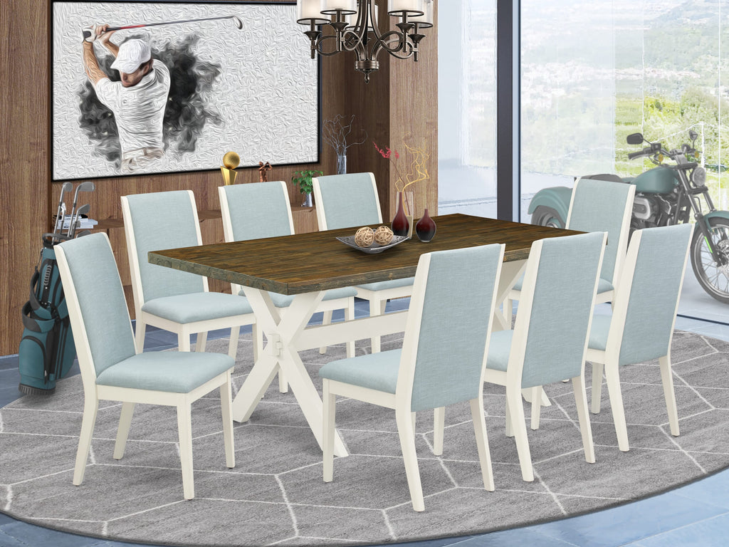 X077L5ZZE-4 Dining Set 9 Piece Set with Table & 8 Upholstered Blue Chairs, 40x72, Multicolor Elegance