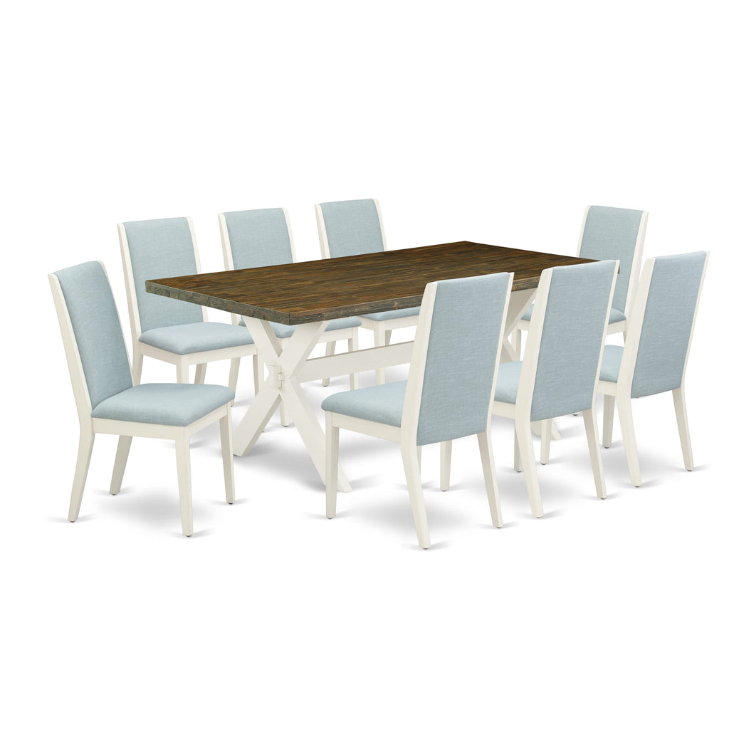 X077L5ZZE-4 Dining Set 9 Piece Set with Table & 8 Upholstered Blue Chairs, 40x72, Multicolor Elegance