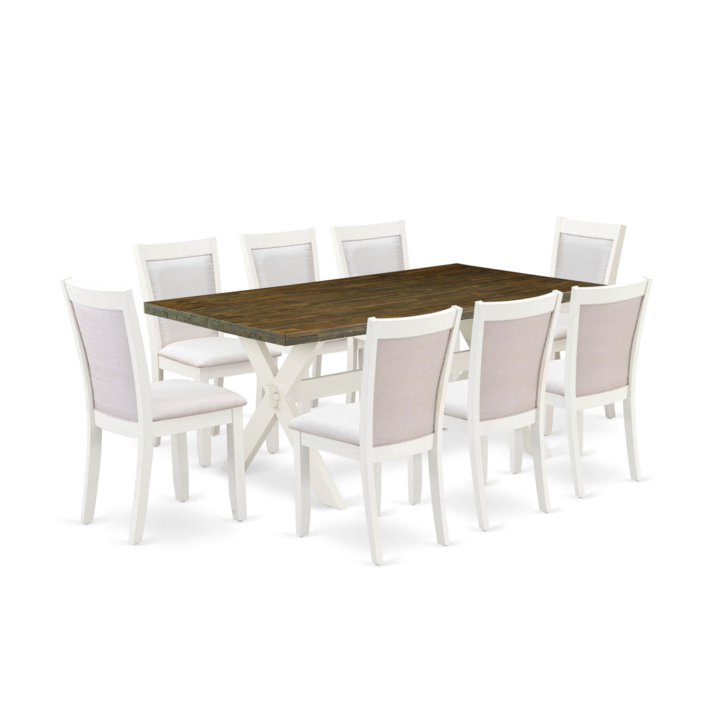 X077MX8I1-B Exquisite Dining Set 9-Piece Rectangle Table with Stylish X-Legs & 8 Chic Parson Chairs in Cream Fabric, 40x72 Multi-Tone