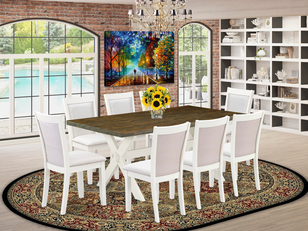 X077MX8I1-B Exquisite Dining Set 9-Piece Rectangle Table with Stylish X-Legs & 8 Chic Parson Chairs in Cream Fabric, 40x72 Multi-Tone