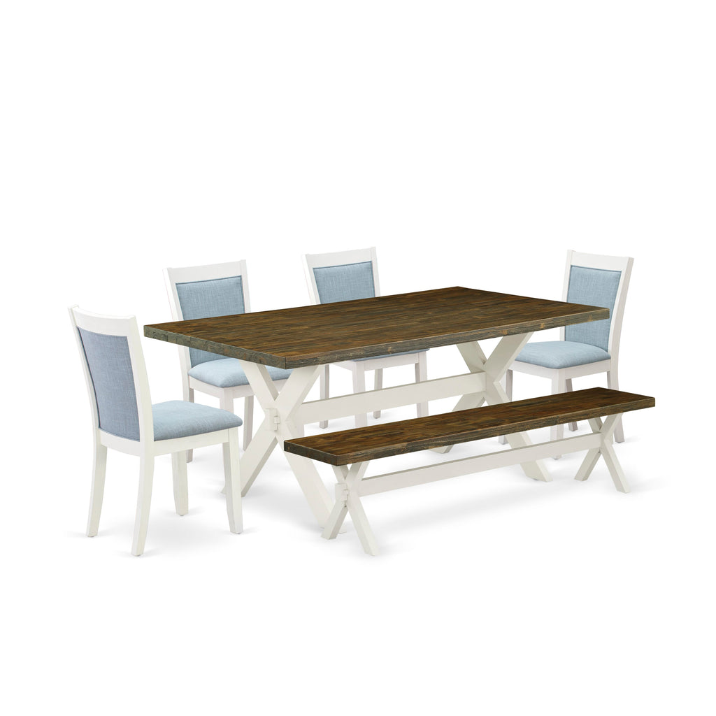 X077M4S78-J Versatile 6-Piece Dining Set Features Rectangular Table with X-Legs, 4 Blue Linen Seats & Bench for Cozy Gatherings