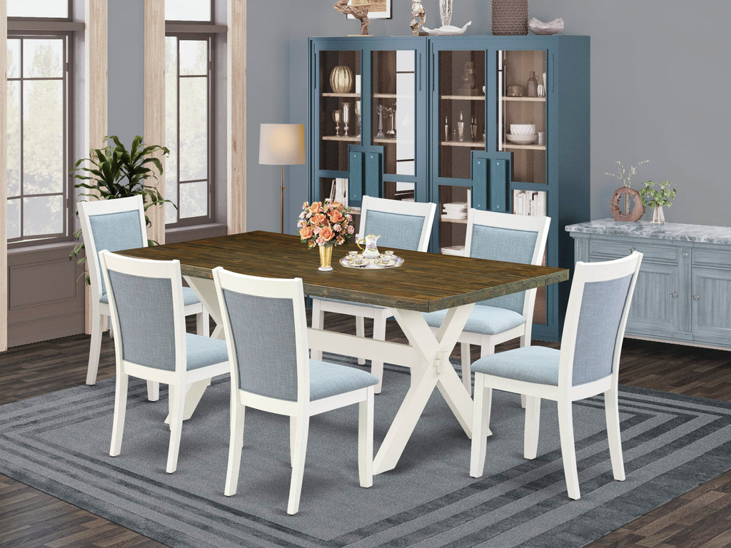 7-Piece Dining Set X077MXOPT-N with X-Leg Table & 6 Blue Fabric Chairs, 40x72 In Dynamic Hues