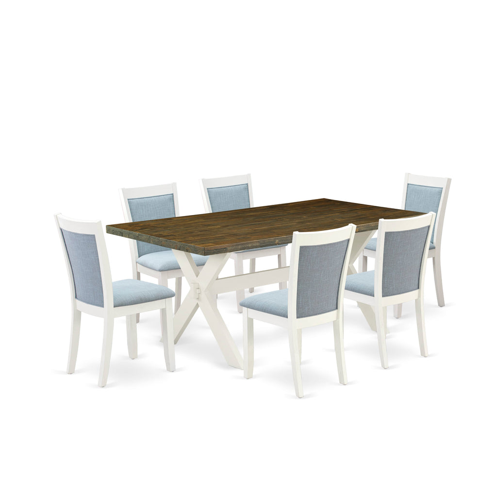 7-Piece Dining Set X077MXOPT-N with X-Leg Table & 6 Blue Fabric Chairs, 40x72 In Dynamic Hues