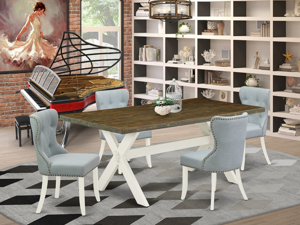 5-Piece Dining Table Set X077SLVZ2-7 with X-Leg Rectangle Table & Blue Fabric Chairs, 40x72
