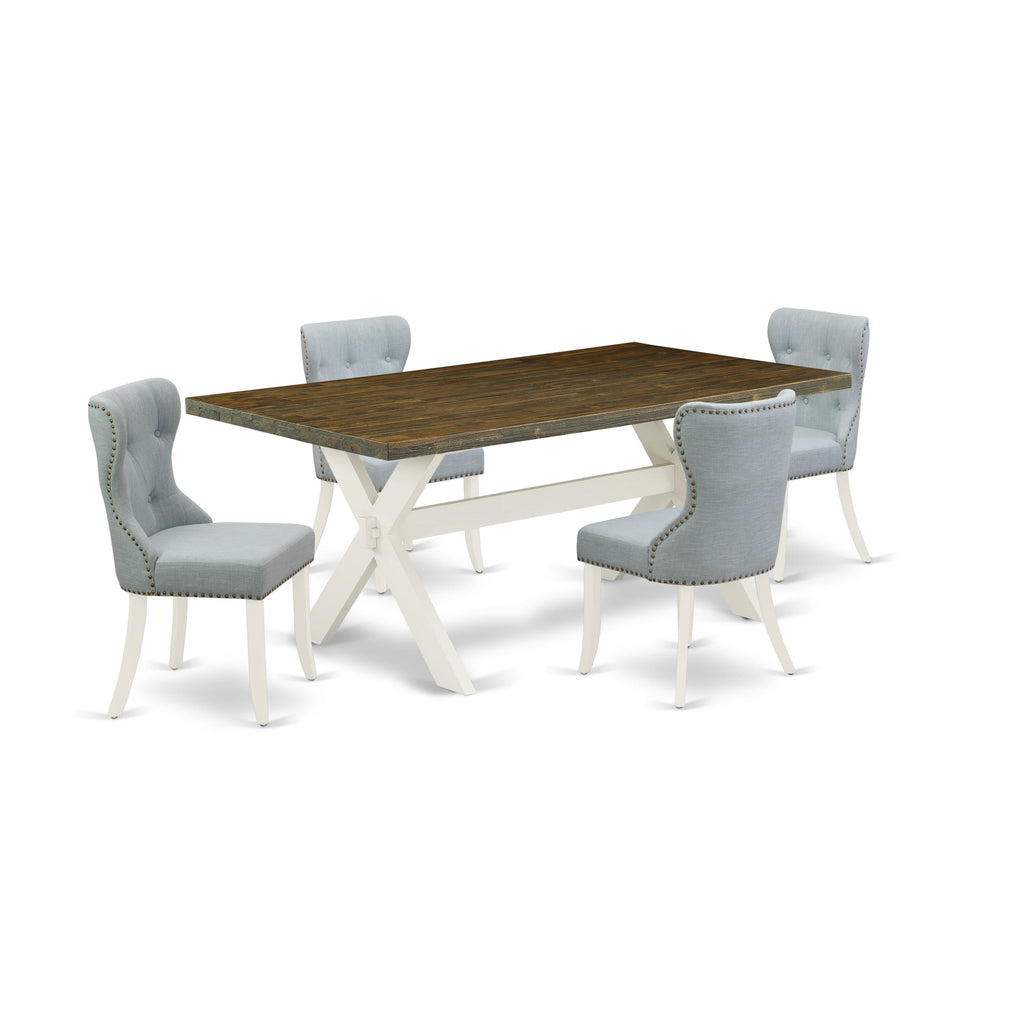 5-Piece Dining Table Set X077SLVZ2-7 with X-Leg Rectangle Table & Blue Fabric Chairs, 40x72