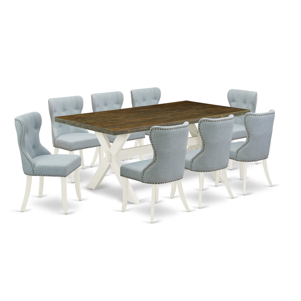 X077SQX30 Dining Ensemble 9-Piece Set with Rectangle Table and Blue Linen Chairs - 40x72 Inches