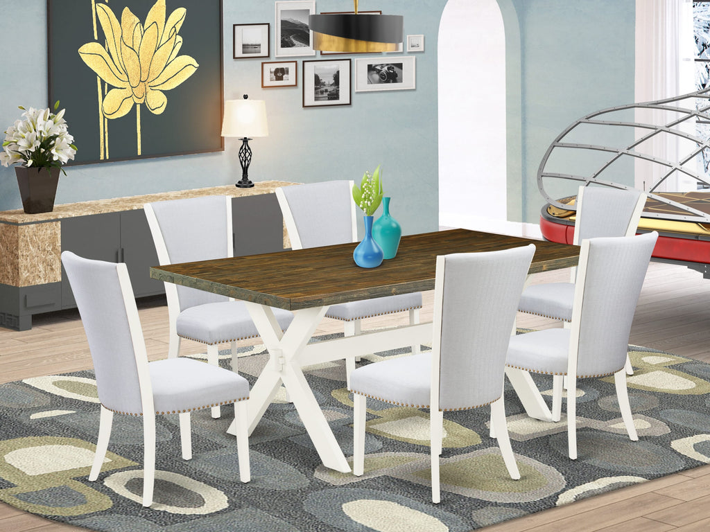 X077V5ISQ-S Sophisticated 7 Piece Dining Set with Sleek X-Leg Table and Elegant Upholstered Chairs