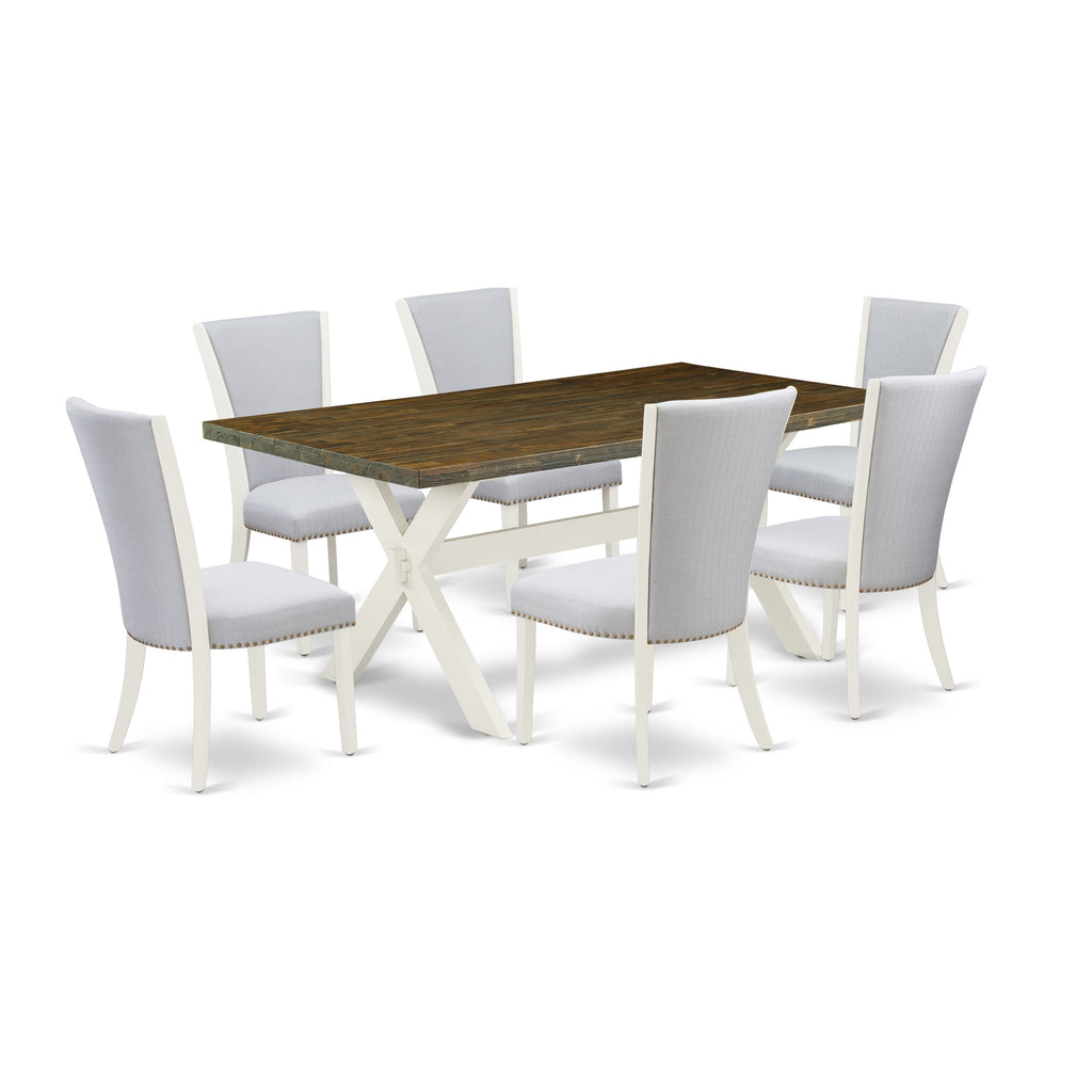 X077V5ISQ-S Sophisticated 7 Piece Dining Set with Sleek X-Leg Table and Elegant Upholstered Chairs