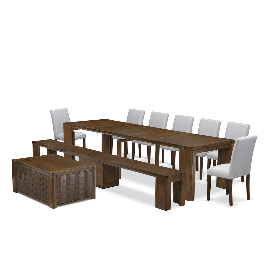 X07AB-MCW-F9 Elegant 10-Piece Dining Set with Extendable Table, Chairs & Bench - Antique Walnut