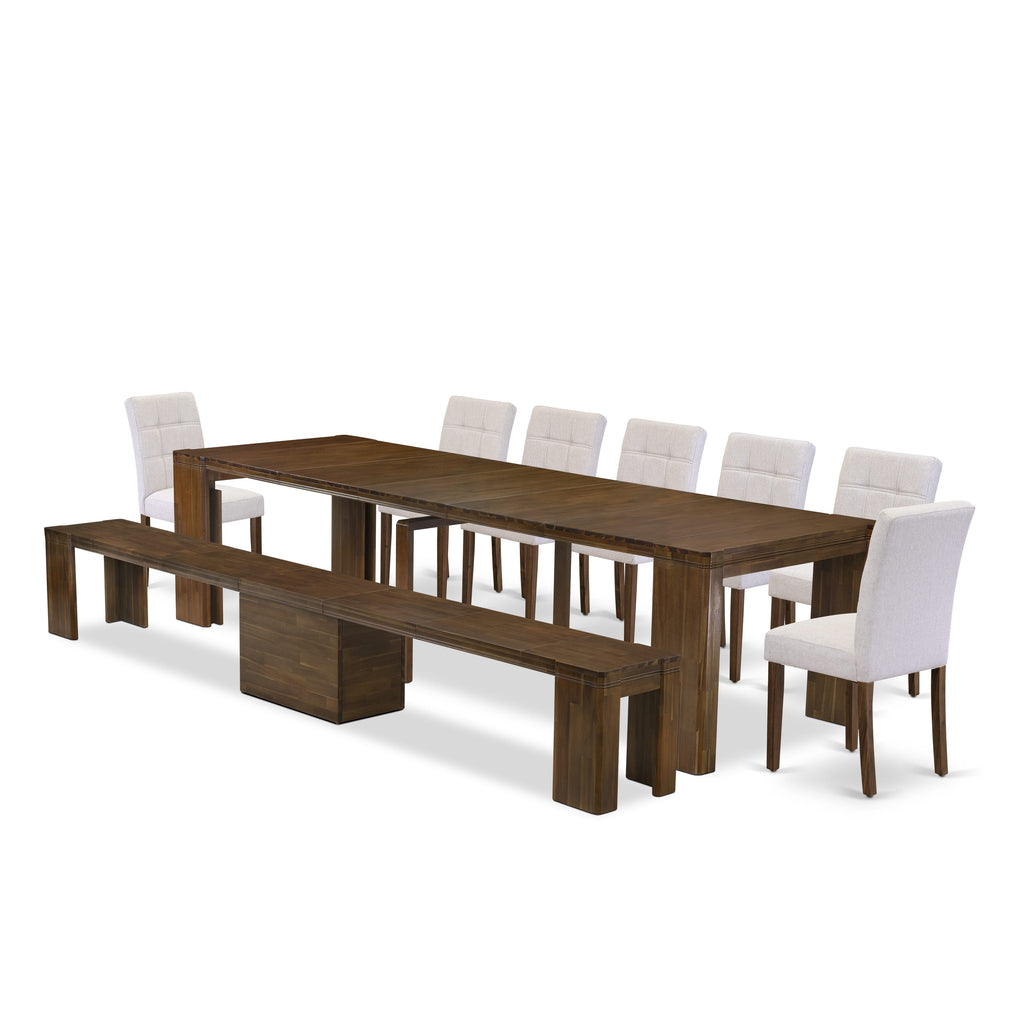 Refined Dining Collection X07AS-60Q-53 - 9-Piece Expanding Set with Rectangular Table, Elegant Chairs & Bench in Antique Walnut Finish