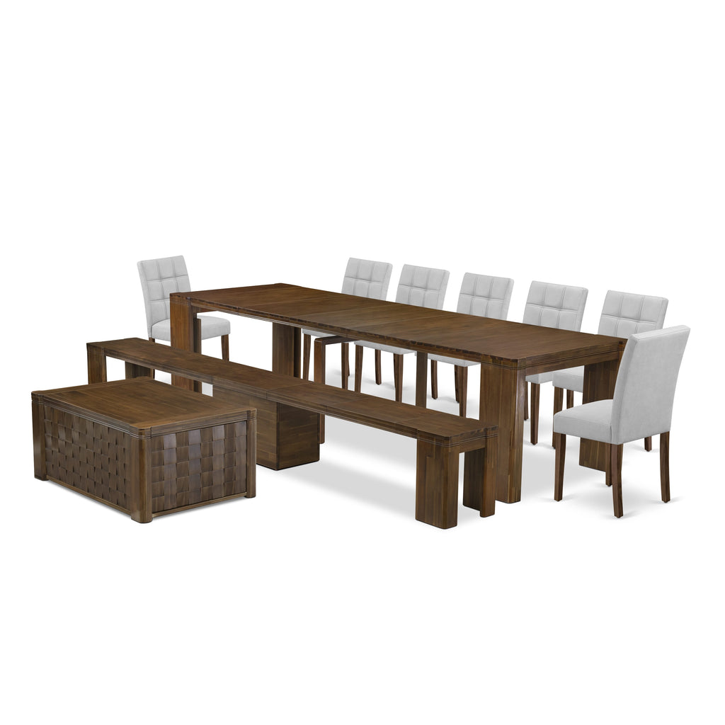 X07AS-UBY-NM Elegant 10-Piece Dining & Coffee Table Set with Chairs and Bench in Antique Walnut Finish