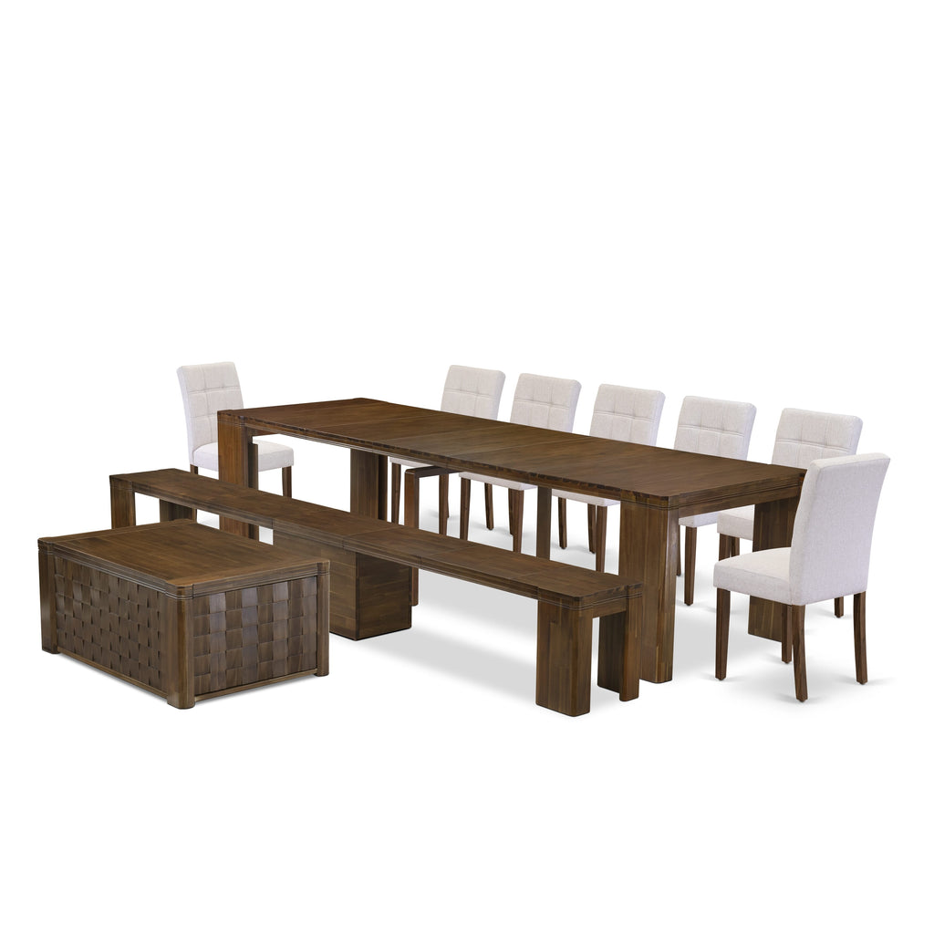 X07AS-KYY-98 Deluxe 10-Piece Dining Ensemble Includes Expandable Dining Table, Coffee Table, Chairs & Bench in Rich Walnut
