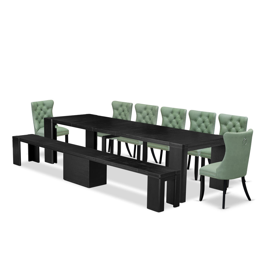 Chic 9-Pc Dining Set with Rectangular Table & Chairs in Willow Green Leather X07DA-TX1-6X