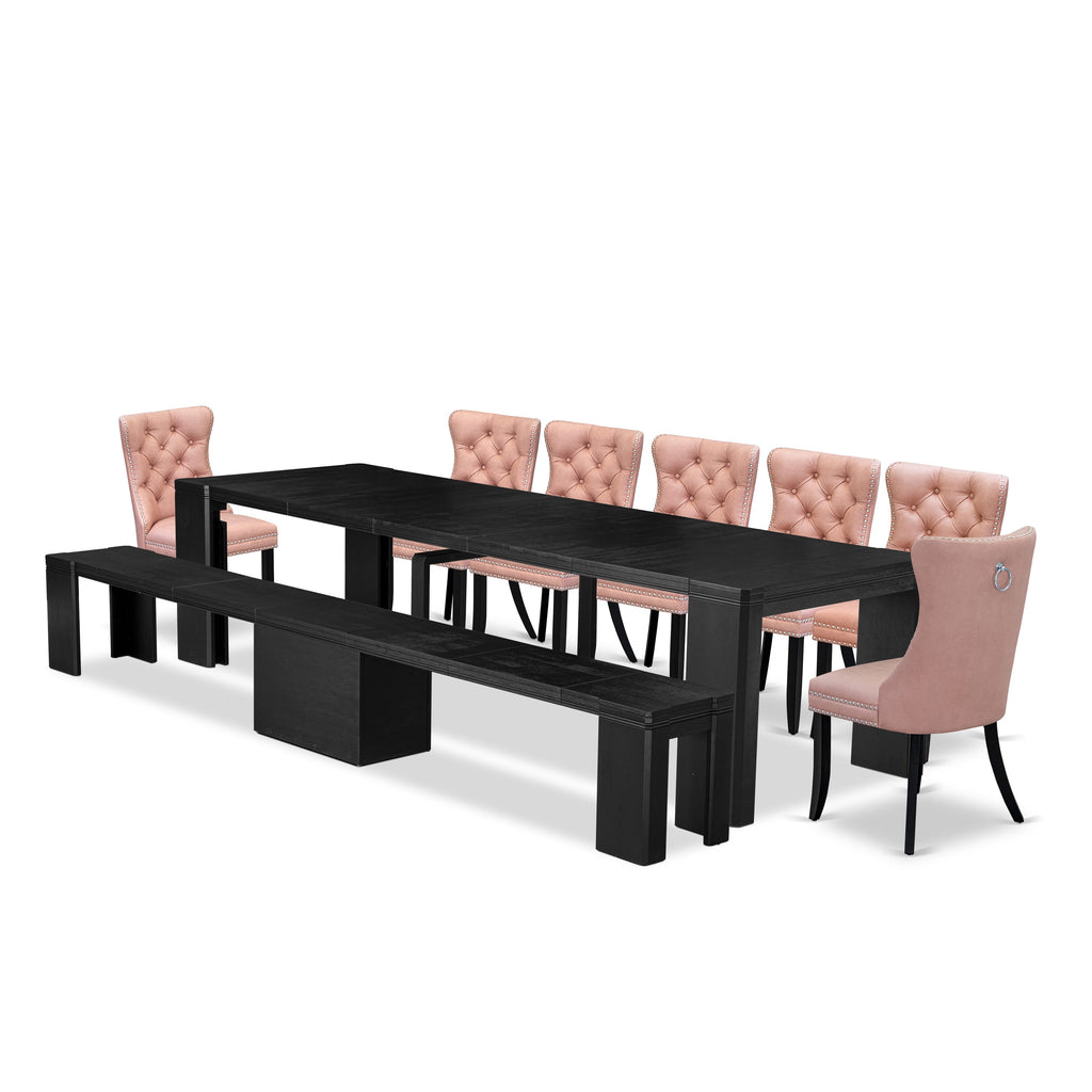X07DA-NOG-BH 9-piece Set Elegant Dining Table, Bench & 7 Faux Leather Chairs with Wire Brushed Finish
